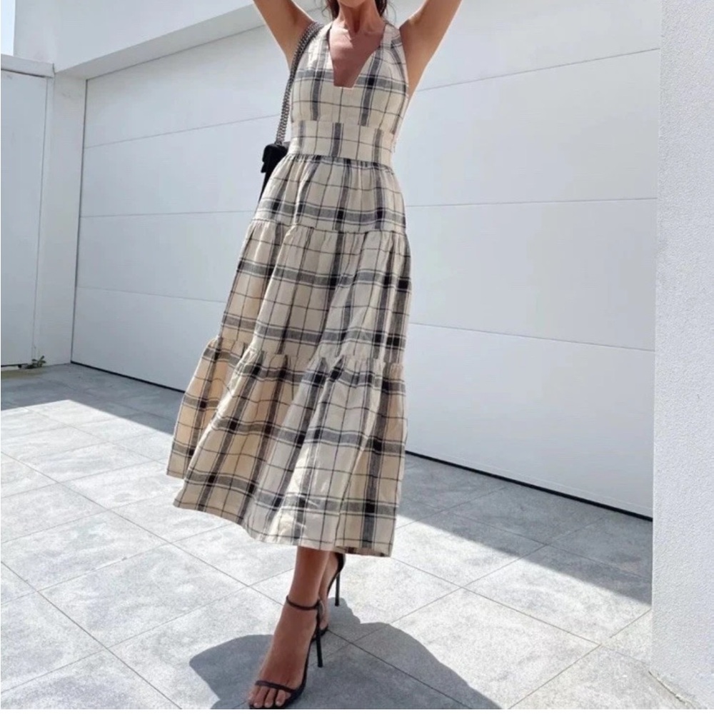 Shona Joy Indra Linen Plunged Cross Back Midi Dress Size 4 - Picture 3 of 14